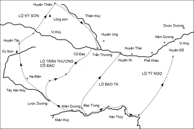 Vị trí 3 lộ tuyến xuyên Tần Lĩnh: Trần Thương đạo, Bao Tà cốc và Tý Ngọ cốc