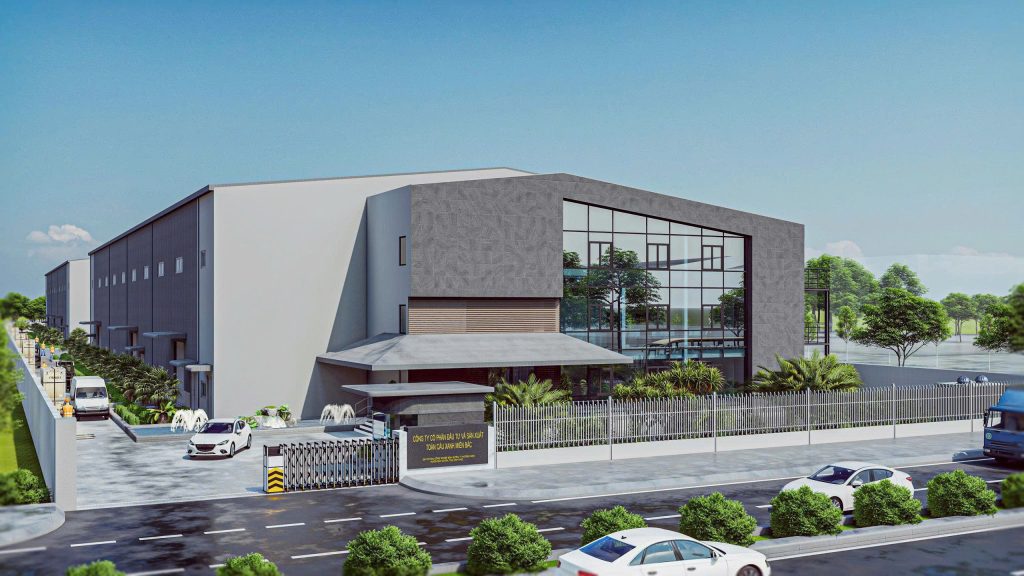 Hình ảnh phối cảnh mặt tiền nhà xưởng Công ty bao bì Toàn Cầu Xanh Miền Bắc