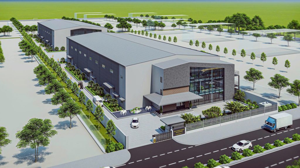 Hình ảnh phối cảnh tổng thể mặt trước nhà xưởng Công ty bao bì Toàn Cầu Xanh Miền Bắc